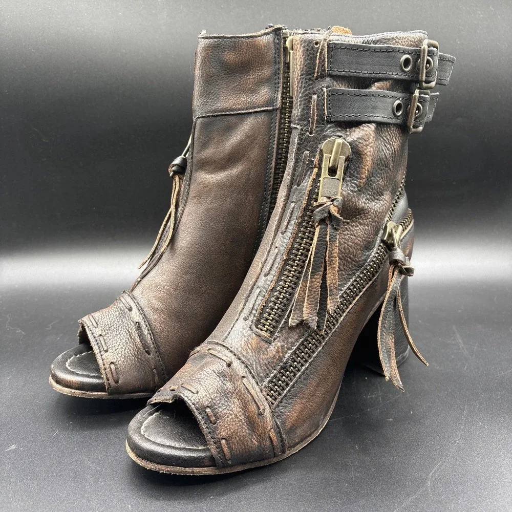 Freebird Zombi Leather Ankle Bootie Women's 8 Brown Zip Buckle Fringe Round Toe